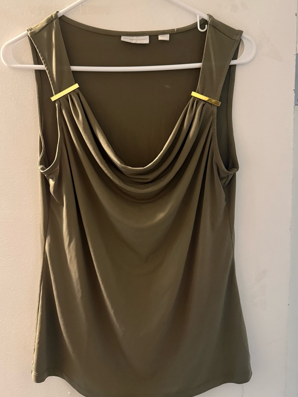 New York & Company Olive Draped Cowl Tank with Gold Accent
